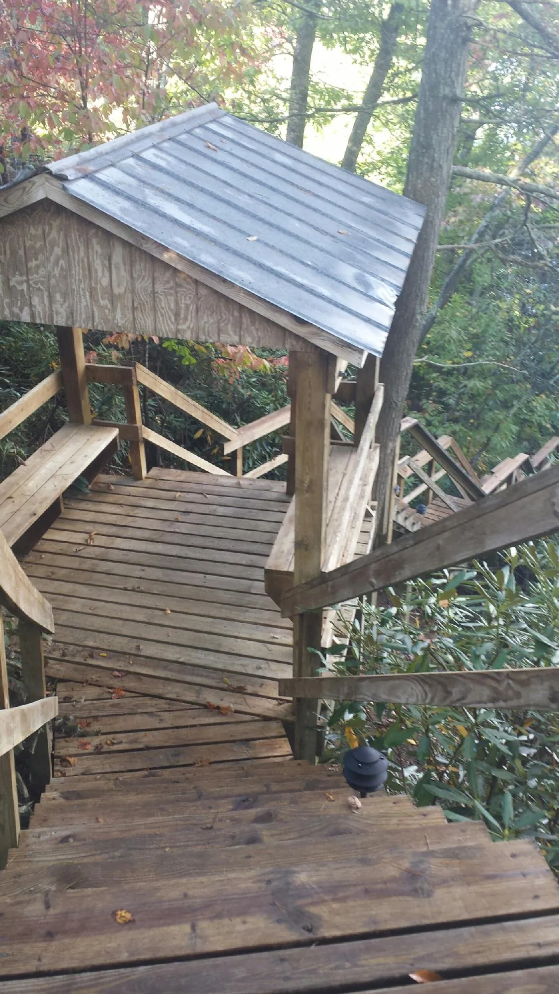 Metal roofed shelter over wooden steps on a wooded walkway — Skylight Repair & Installation work by our crew in Green